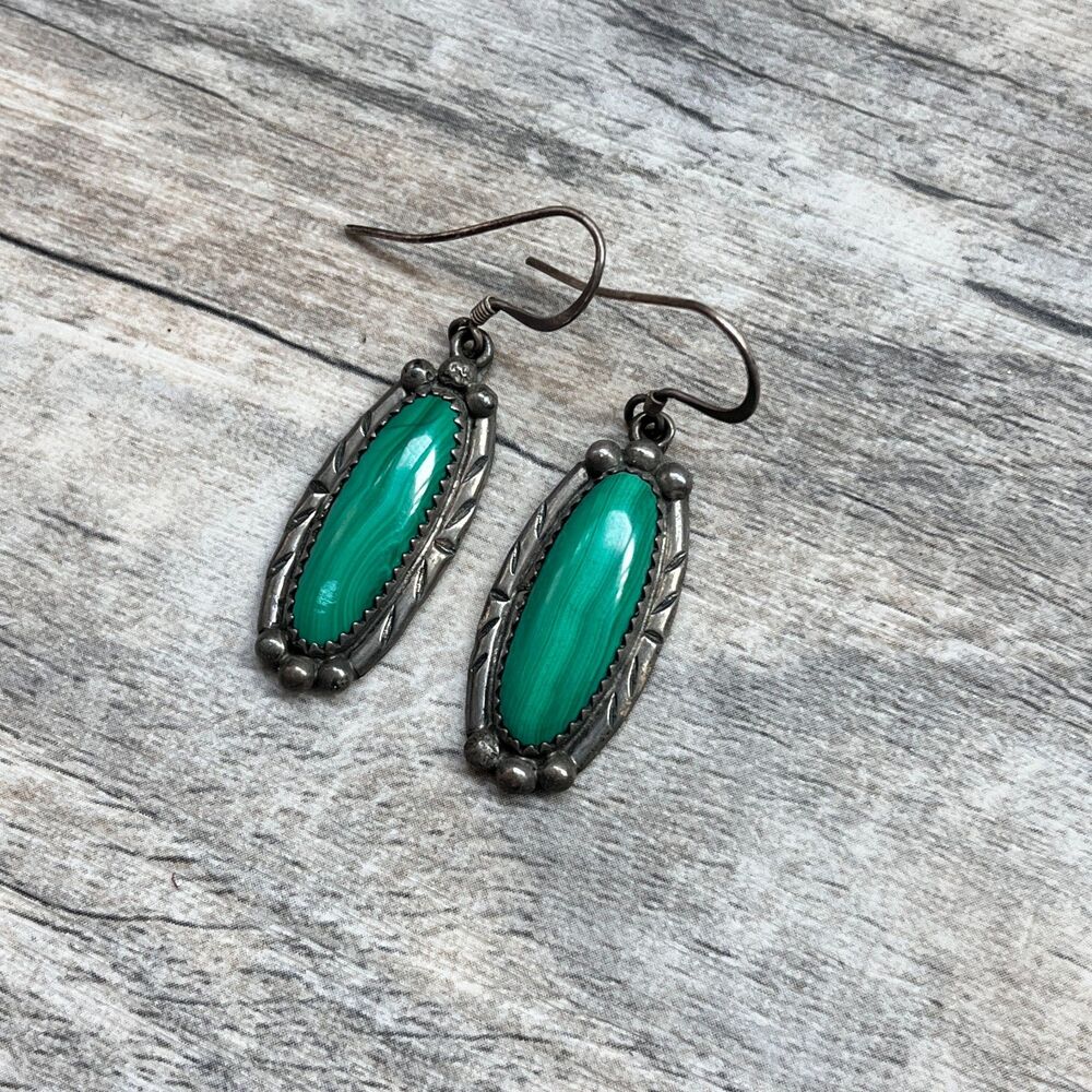 Sterling Silver Malachite Earrings Anglo Native American Paulene & Dolly Foutz